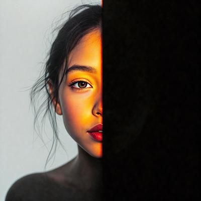 The primary subject of the image is a young girl with long hair. She is standing in front of a black background, which creates a striking contrast with her skin. The visual style of the image is a combination of a photo and digital art, giving it a unique and artistic appearance. The colors in the image are predominantly black and white, with the girl's skin appearing as a warm, natural hue. The overall atmosphere of the image is dramatic and captivating, with the girl's face and hair being the